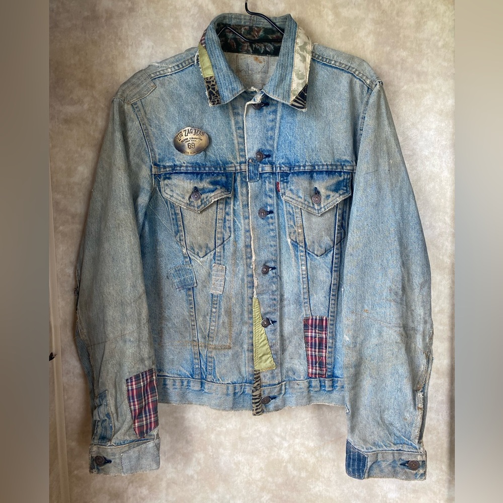 Vintage 70s 80s Levis OOAK Zig Zag Man Patchwork Denim Trucker Jacket Smoker - Picture 2 of 16